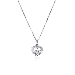 Sterling Silver Necklace with Antique Style Open Heart Inlaid with Czs and Centered with Solitaire Round Cut Cz Pendant