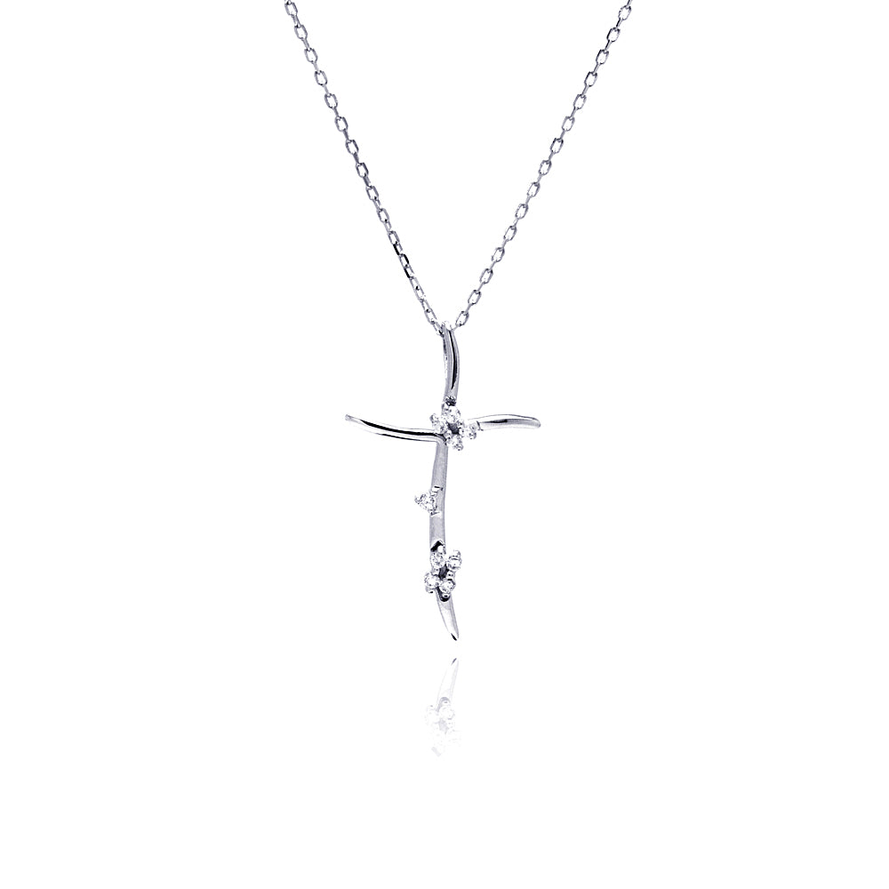 Sterling Silver Rhodium Plated Thin Wavy CZ Cross Pendant Necklace
