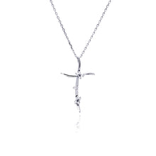 Load image into Gallery viewer, Sterling Silver Rhodium Plated Thin Wavy CZ Cross Pendant Necklace