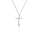 Sterling Silver Rhodium Plated Thin Wavy CZ Cross Pendant Necklace