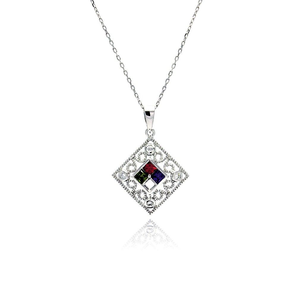 Sterling Silver Necklace with Diamond Shaped Filigree Pendant Inlaid with Clear Czs and Centered Multi-Colored Cz