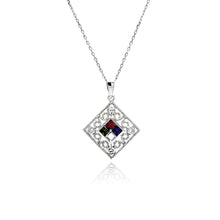 Load image into Gallery viewer, Sterling Silver Necklace with Diamond Shaped Filigree Pendant Inlaid with Clear Czs and Centered Multi-Colored Cz