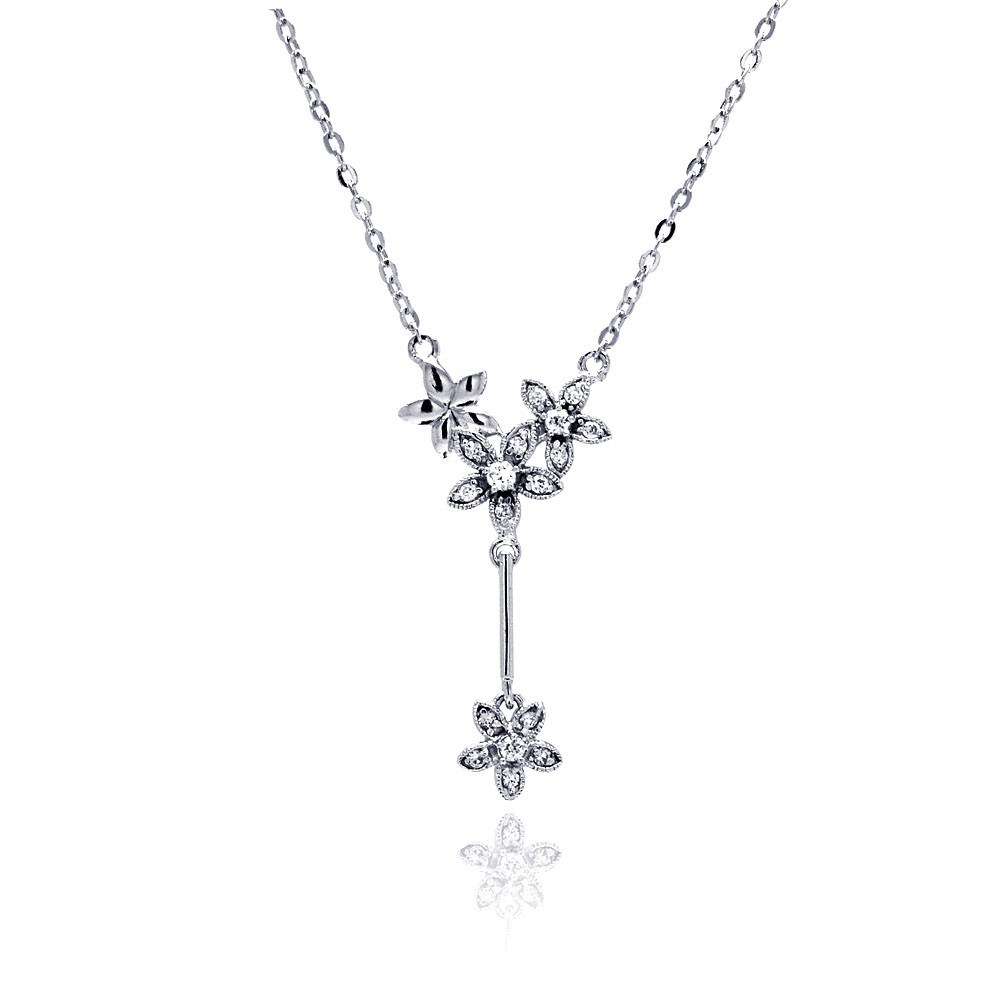 Sterling Silver Necklace with Fancy Multi Flower Inlaid with Clear Czs Dangling Pendant