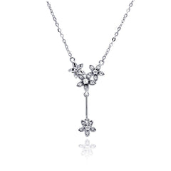 Sterling Silver Necklace with Fancy Multi Flower Inlaid with Clear Czs Dangling Pendant