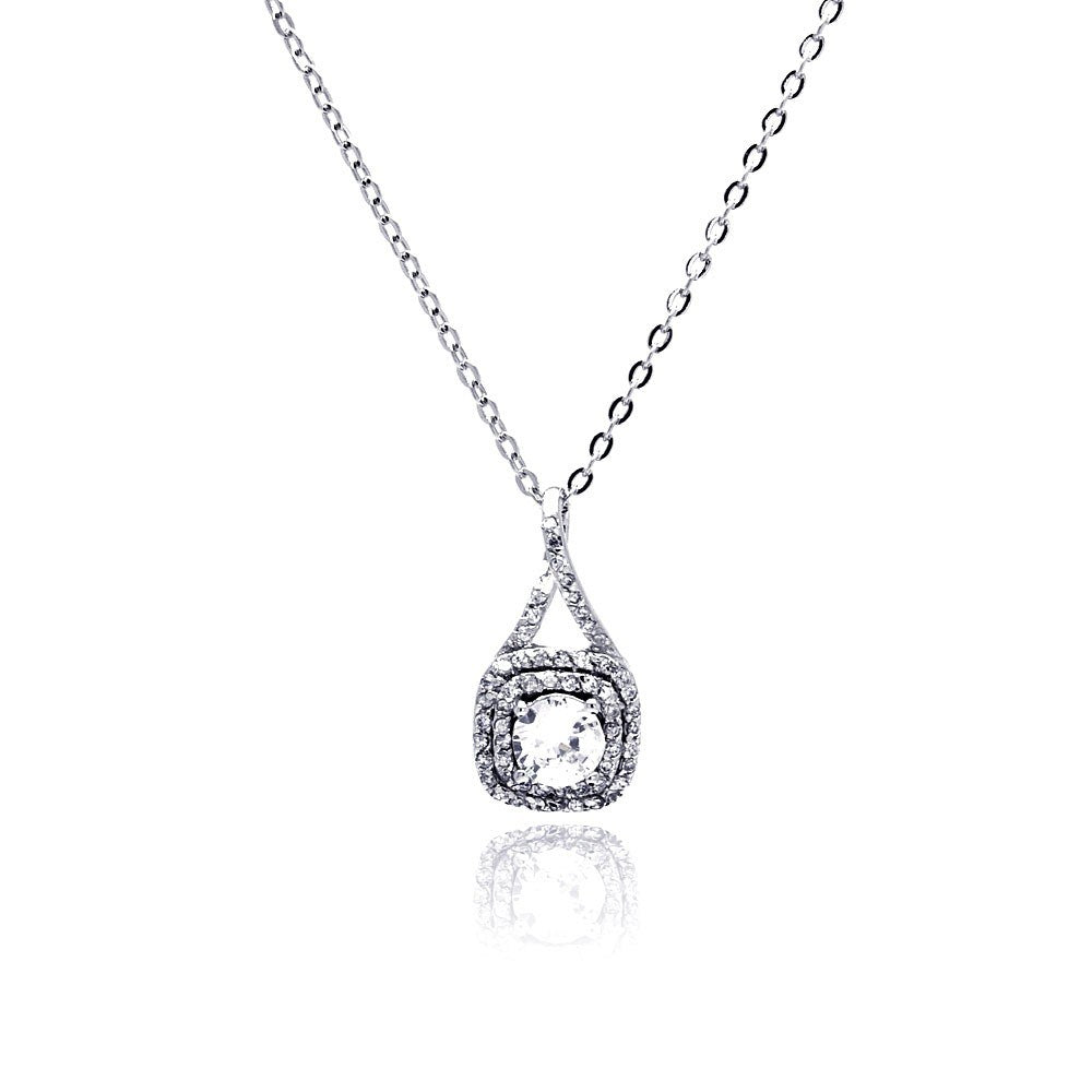 Sterling Silver Necklace with Elegant Soiltaire Round Cz Pendant with Double Square Paved Halo Setting