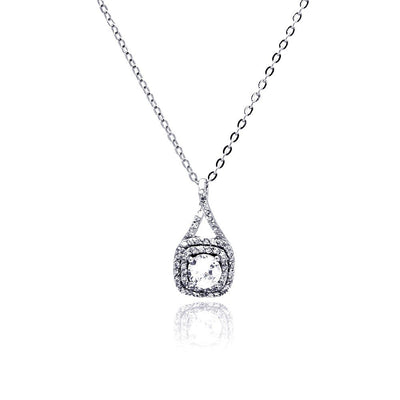 Sterling Silver Necklace with Elegant Soiltaire Round Cz Pendant with Double Square Paved Halo Setting