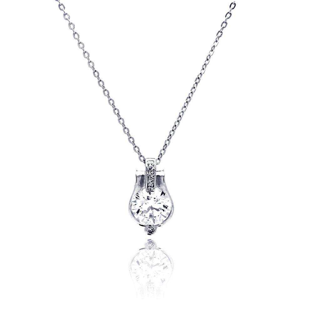 Sterling Silver Necklace with Classy Round Clear Cz on Fancy Setting Pendant