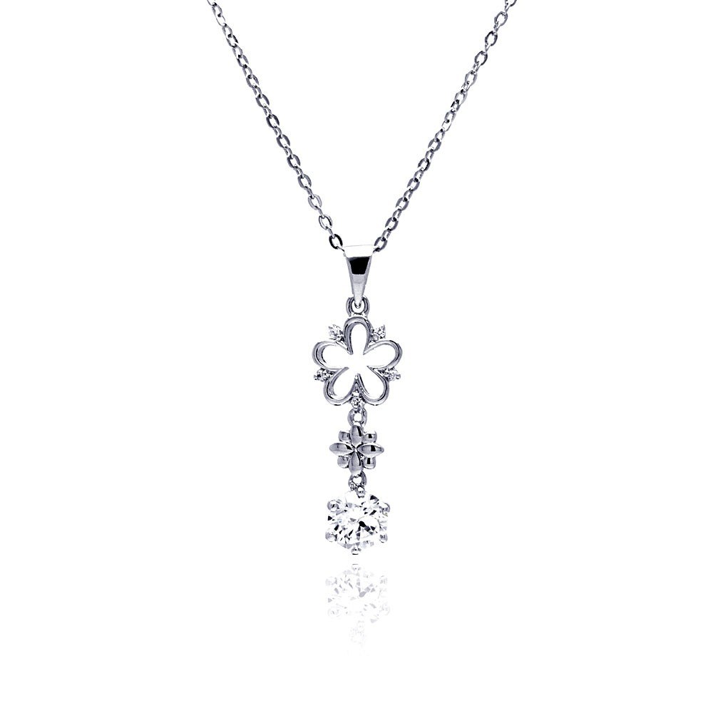 Sterling Silver Necklace with Double Flower Link and Soiltare Round Cut Clear Cz Dangling Pendant