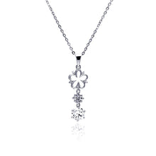 Load image into Gallery viewer, Sterling Silver Necklace with Double Flower Link and Soiltare Round Cut Clear Cz Dangling Pendant