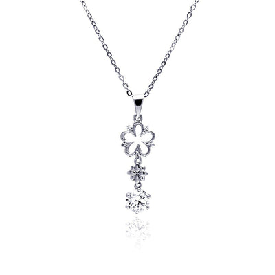 Sterling Silver Necklace with Double Flower Link and Soiltare Round Cut Clear Cz Dangling Pendant