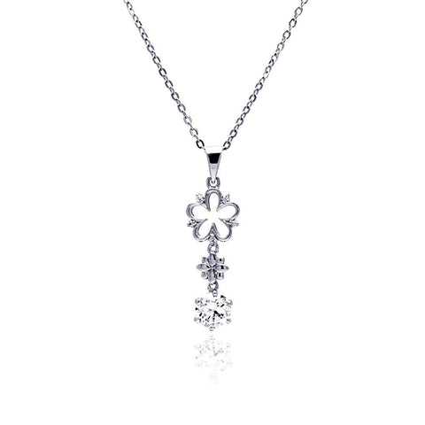 Sterling Silver Necklace with Double Flower Link and Soiltare Round Cut Clear Cz Dangling Pendant