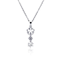Sterling Silver Necklace with Double Flower Link and Soiltare Round Cut Clear Cz Dangling Pendant