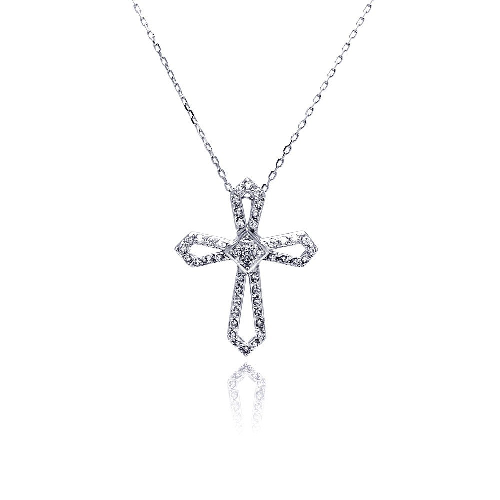 Sterling Silver Rhodium Open Cross CZ Necklace