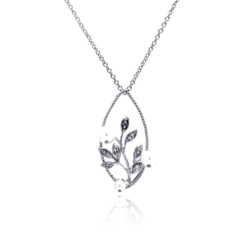 Sterling Silver Necklace with Fancy Open Leaf and Flower Vine Design Inlaid with White Pearls and Clear Czs Pendant
