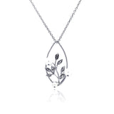 Sterling Silver Necklace with Fancy Open Leaf and Flower Vine Design Inlaid with White Pearls and Clear Czs Pendant