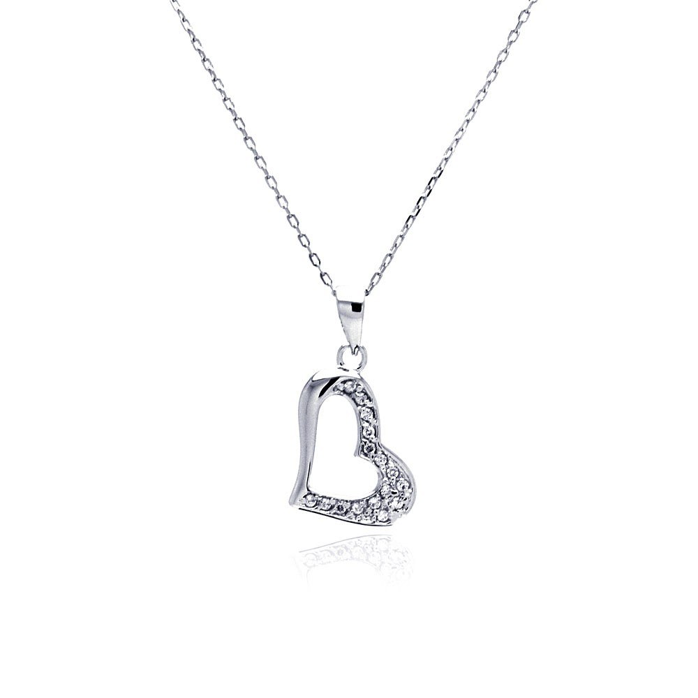 Sterling Silver Necklace with Sideways Heart Inlaid with Clear Czs Pendant