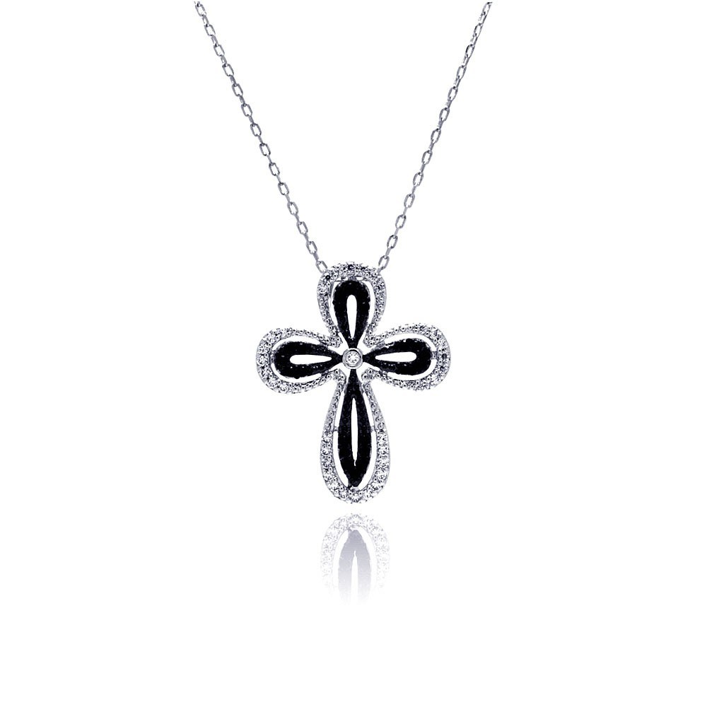 Sterling Silver Rhodium Plated Open Black and Clear Cross CZ Necklace