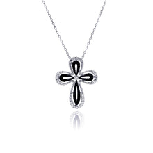 Load image into Gallery viewer, Sterling Silver Rhodium Plated Open Black and Clear Cross CZ Necklace