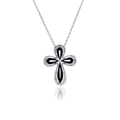 Sterling Silver Rhodium Plated Open Black and Clear Cross CZ Necklace
