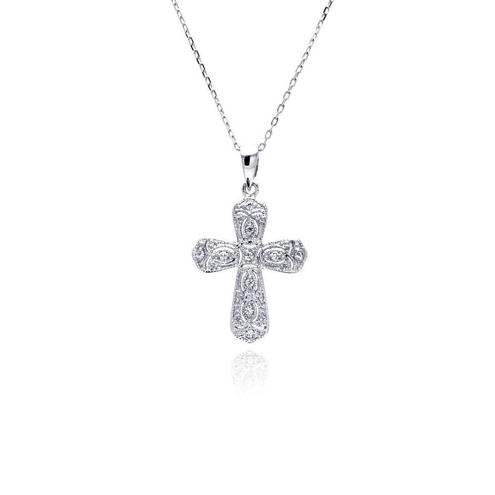 Sterling Silver Rhodium Plated Cross CZ Necklace