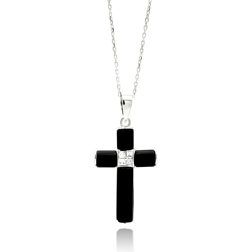 Sterling Silver Rhodium Plated Black Onyx CZ Necklace