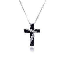 Load image into Gallery viewer, Sterling Silver Rhodium Plated Black and Clear Cross CZ Necklace