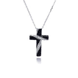 Sterling Silver Rhodium Plated Black and Clear Cross CZ Necklace