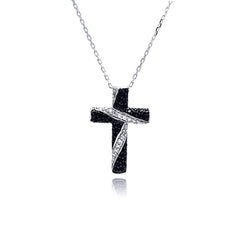Sterling Silver Rhodium Plated Black and Clear Cross CZ Necklace
