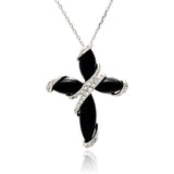 Sterling Silver Rhodium Plated Black Onyx Cross CZ Necklace