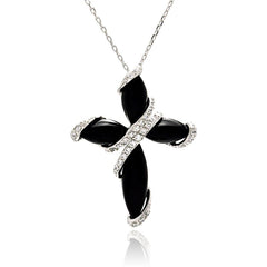 Sterling Silver Rhodium Plated Black Onyx Cross CZ Necklace