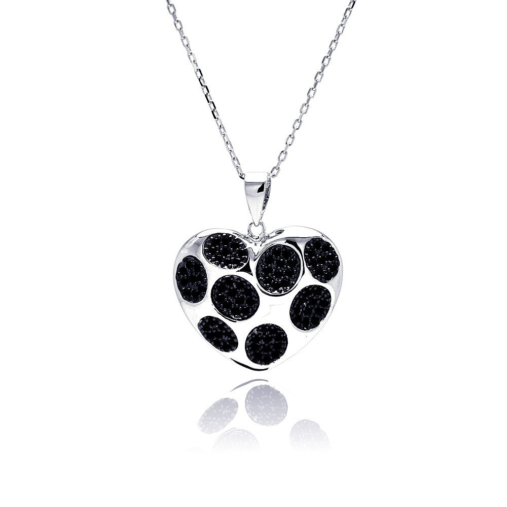Sterling Silver Necklace with Trendy Heart Black Dot Design Inlaid with Black Czs Pendant