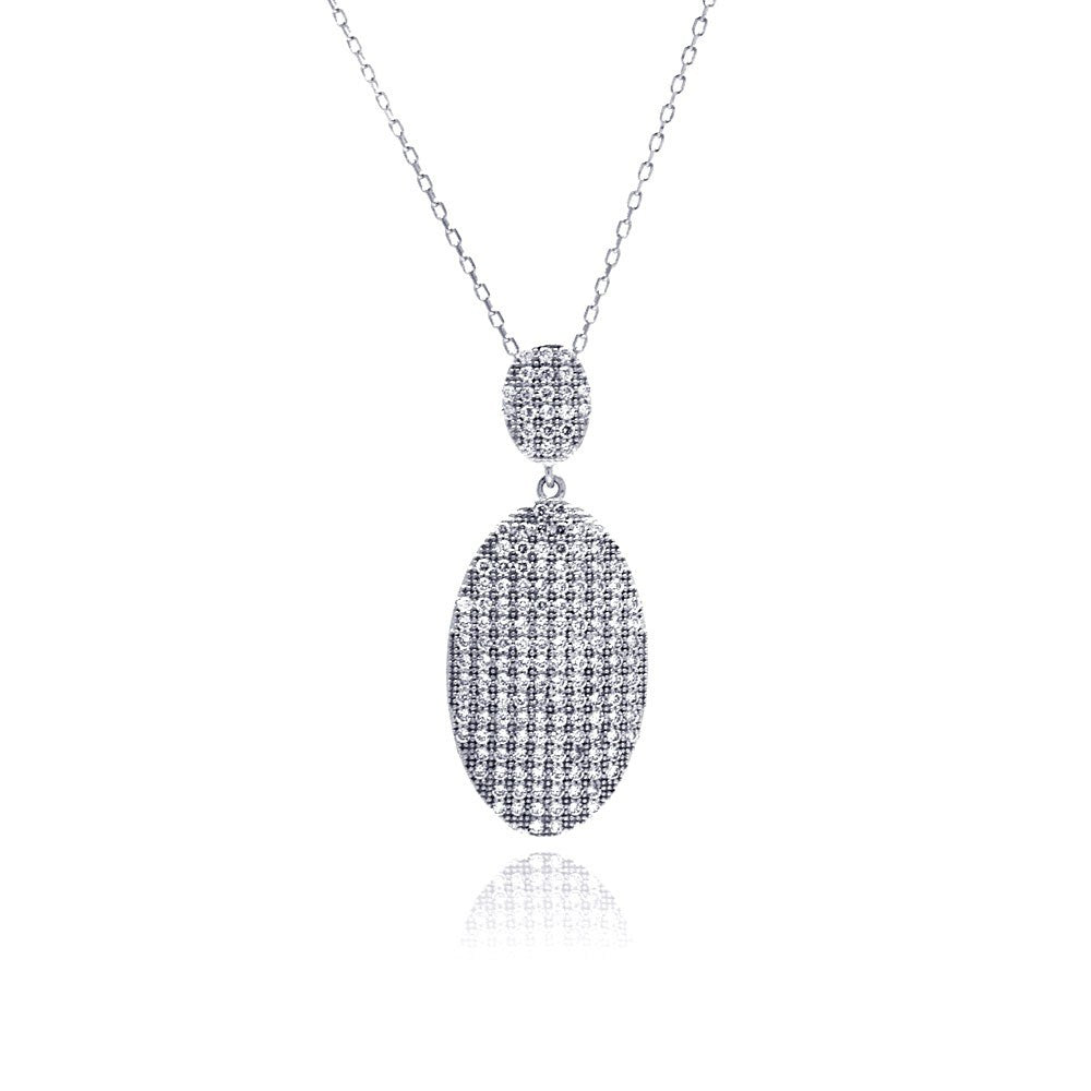 Sterling Silver Necklace with Elegant Hanging Paved Czs Oval Pendant