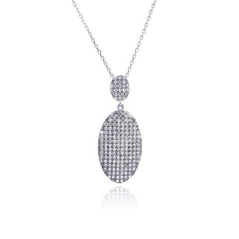 Sterling Silver Necklace with Elegant Hanging Paved Czs Oval Pendant