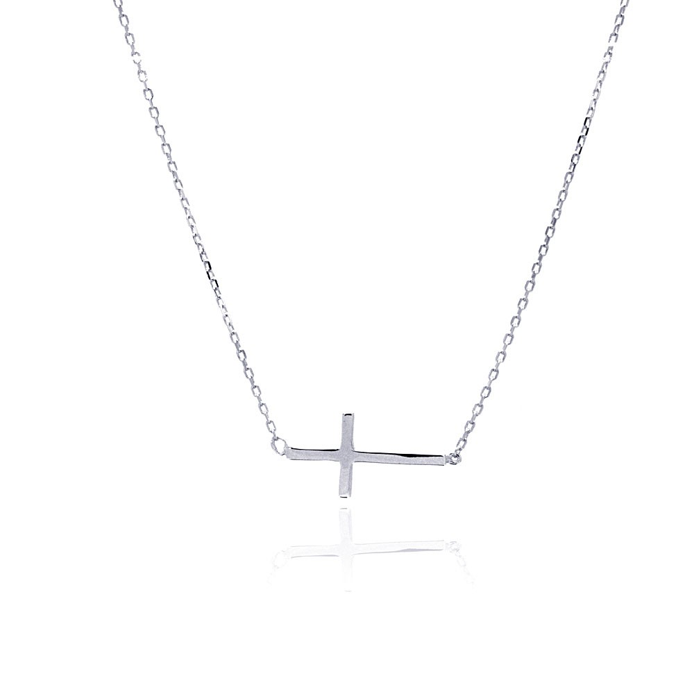 Sterling Silver Rhodium Plated Sideways Cross Necklace