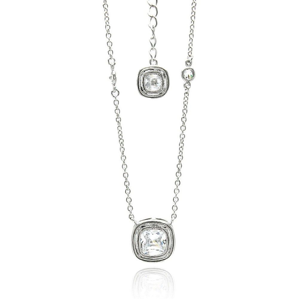 Sterling Silver Necklace with Classy Double Cushion Cut Clear Cz Pendant