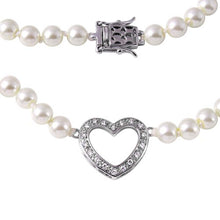 Load image into Gallery viewer, Sterling silver White Pearl Strand Necklace with Open Pave Heart PendantAnd Filigree Clasp ClosureAnd Length of 17