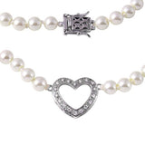 Sterling silver White Pearl Strand Necklace with Open Pave Heart PendantAnd Filigree Clasp ClosureAnd Length of 17