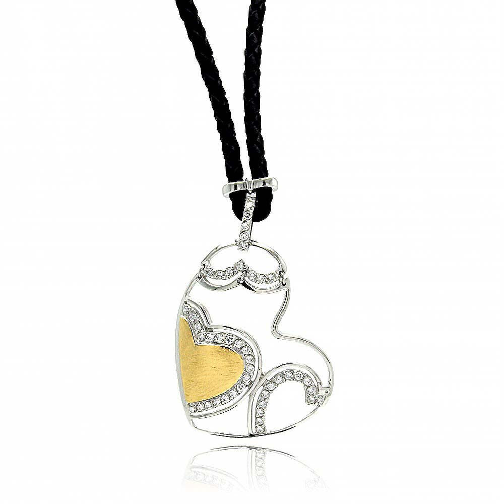 Genuine Black Leather Cord Necklace with Sterling Silver Two-Toned Fancy Open Heart Inlaid with Clear Czs PendantAnd Chain Length of 16 And Pendant Dimensions: 35.3MMx30.5MM