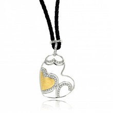 Load image into Gallery viewer, Genuine Black Leather Cord Necklace with Sterling Silver Two-Toned Fancy Open Heart Inlaid with Clear Czs PendantAnd Chain Length of 16 And Pendant Dimensions: 35.3MMx30.5MM