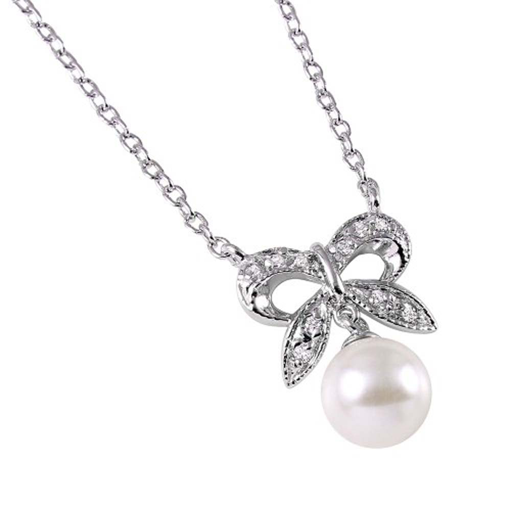 Sterling Silver Rhodium Plated CZ Encrusted Bow with Hanging Synthetic Pearl