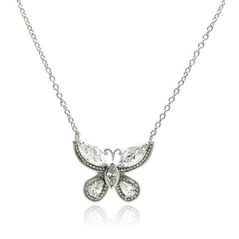 Sterling Silver Necklace with Fancy Butterfly Inlaid with Marquise and Pearshape Cut Clear Czs PendantAnd Chain Length of 16 -18 And Pendant Dimensions: 18.65MMx23.2MM