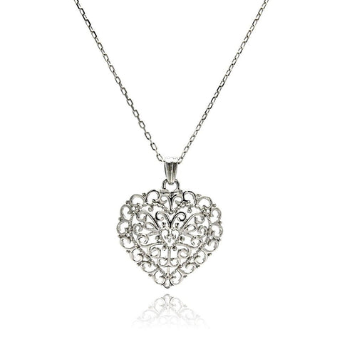 Sterling Silver Necklace with Antique Style Filigree Heart Design Inlaid with Clear Cz PendantAnd Chain Length of 16 -18 And Pendant Dimensions: 2.7MMx20.5MM