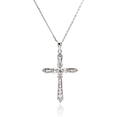 Sterling Silver Rhodium Plated Cross CZ Necklace
