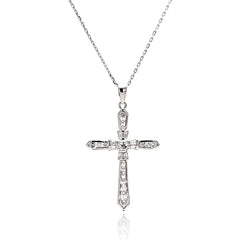 Sterling Silver Rhodium Plated Cross CZ Necklace