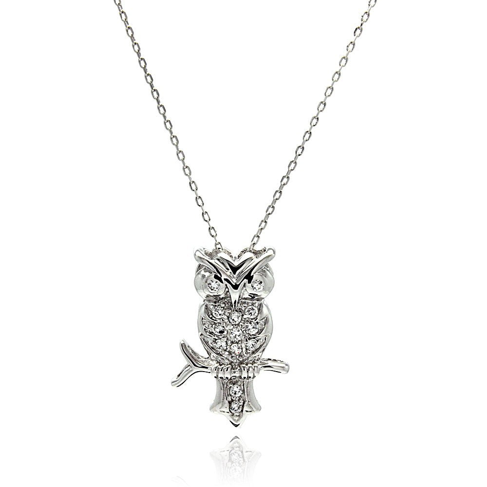 Sterling Silver Necklace with Trendy Owl Inlaid with Clear Czs PendantAnd Chain Length of 16 -18 And Pendant Dimensions: 26.27MMx16.9MM
