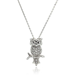 Sterling Silver Necklace with Trendy Owl Inlaid with Clear Czs PendantAnd Chain Length of 16 -18 And Pendant Dimensions: 26.27MMx16.9MM
