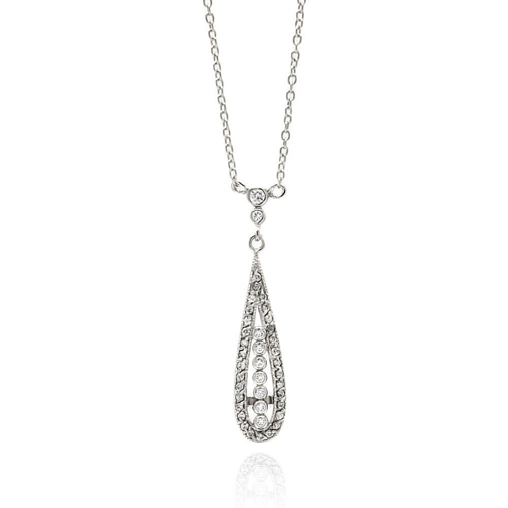 Sterling Silver Necklace with Classy Long Teardrop Pendant Inlaid with Clear CzsAnd Pendant Dimensions of 33.6MMx8.4MM