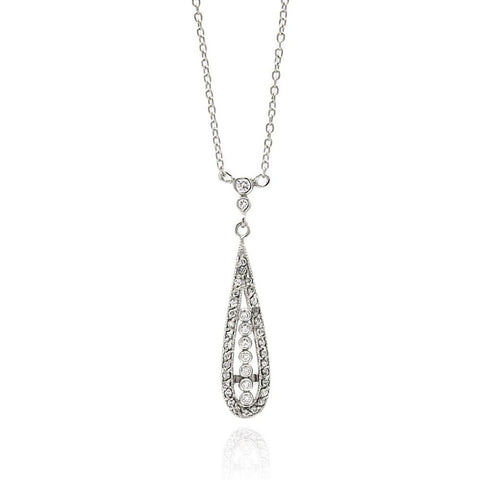 Sterling Silver Necklace with Classy Long Teardrop Pendant Inlaid with Clear CzsAnd Pendant Dimensions of 33.6MMx8.4MM