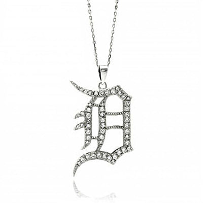 Sterling Silver Necklace with Fancy Bling  D  Initial Letter Inlaid with Clear Czs PendantAnd Pendant Dimensions of 37.6MMx23.7MM