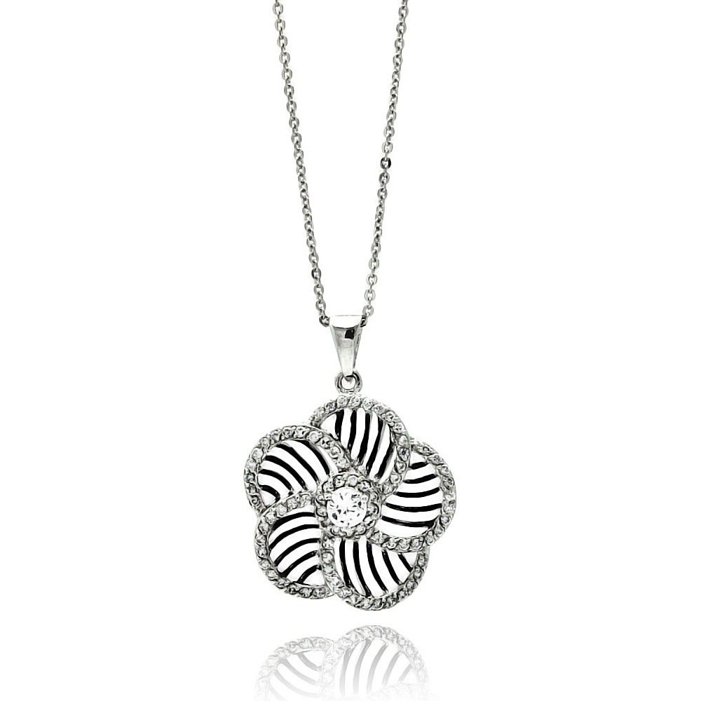 Sterling Silver Necklace with Fancy Flower Swirl Pattern Design Inlaid with Clear Czs PendantAnd Pendant Diameter of 23.2MM